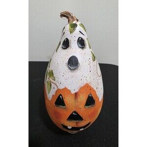🎃 Hand Painted Gourd HALLOWEEN Ghost Jack O Lantern PUMPKIN Folk Art 5" EUC